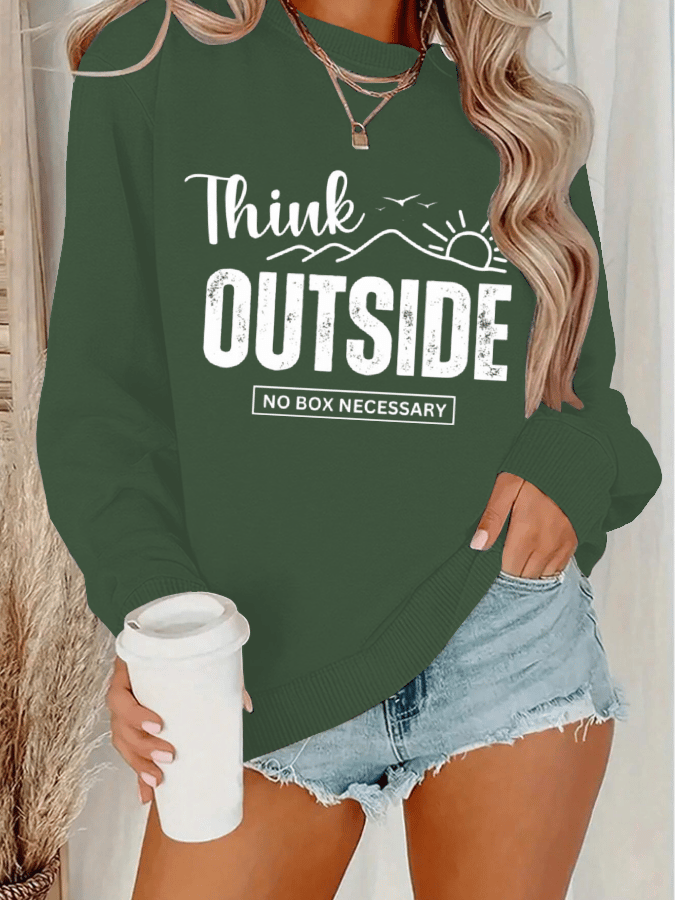 Women's Think Outside The Box Hiking Print Crew Neck Long Sleeve Sweatshirt