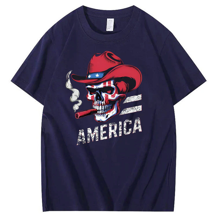 Independence Day Skull America Pattern Print 100%Cotton T-Shirt