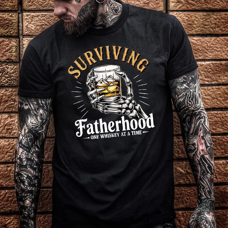 Fatherhood One Whiskey At A Time Pattern Print 100%Cotton T-Shirt