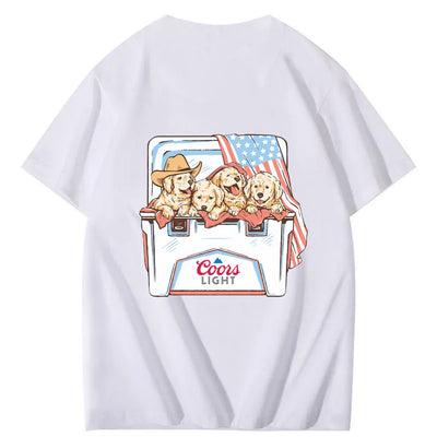 Funny Dogs And American Flag Pattern Print T-Shirt