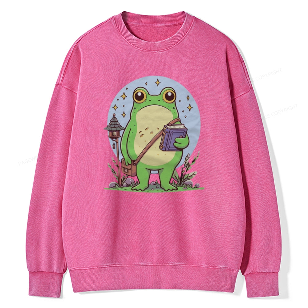 Frog Reading Book Unisex Washed Sweatshirt