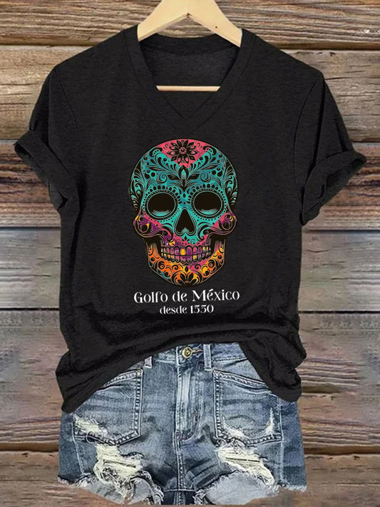 Women's Gulf of Mexico Skull Printed Short-Sleeved T-Shirt