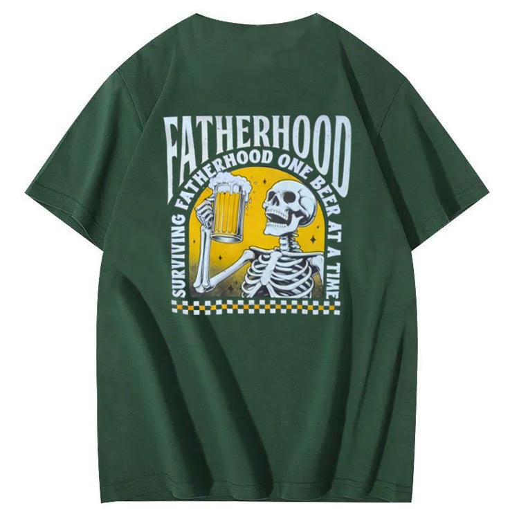 Fatherhood Skull And Beer Pattern Print Cotton T-Shirt