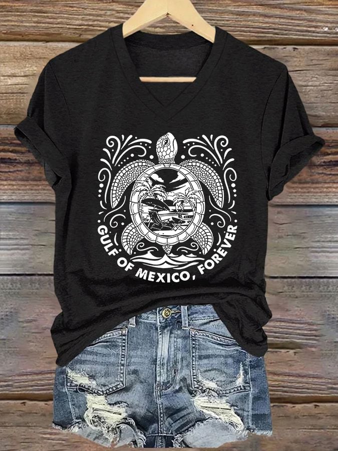 Women's Retro Golfo De Mexico forever Sea Turtle Print T-Shirt