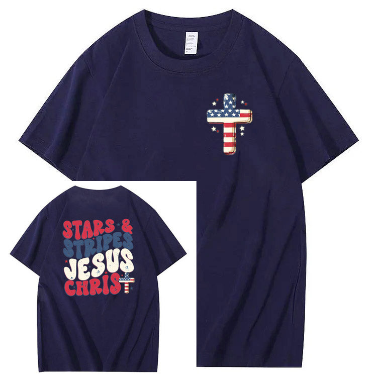 Independence Day Stars&Stripes Jesus Chirs Pattern Print T-Shirt