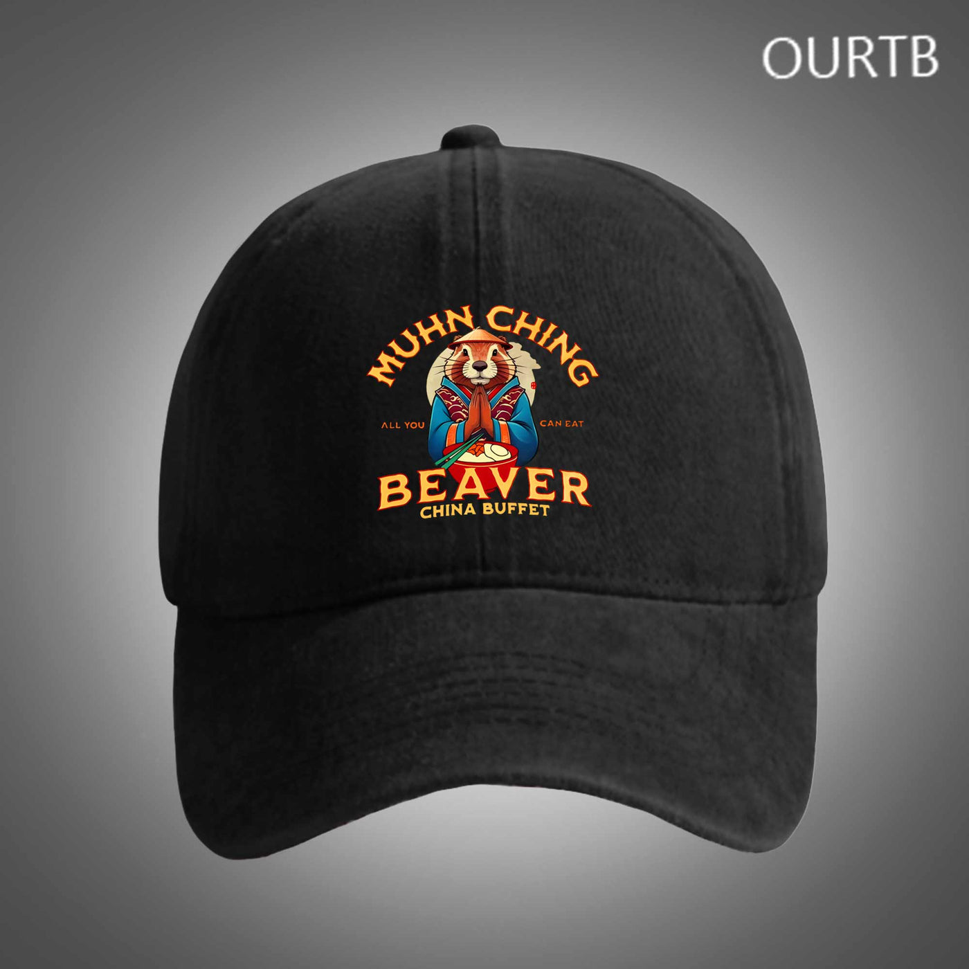 Muhn China All You Can Eat Beaver China Buffet Funny Art Print Unisex Distressed Cotton Washed Art Print Hat