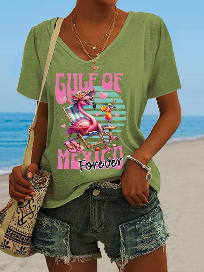 Women's Gulf Of Mexico Print V Neck Casual T-Shirt