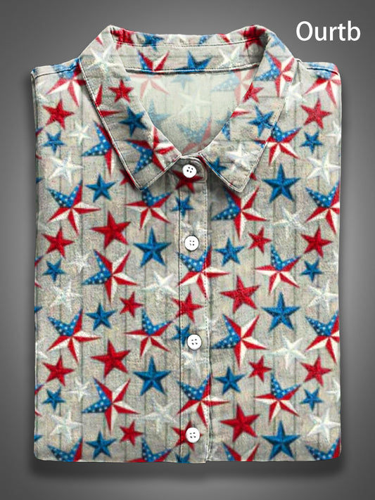 Five-pointed Star Red White Blue Abstract 1776 Freedom USA Independence Day Abstract Pattern Art Print Casual 100% Cotton Shirt