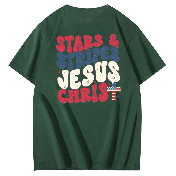 Independence Day Stars&Stripes Jesus Chirs Pattern Print T-Shirt