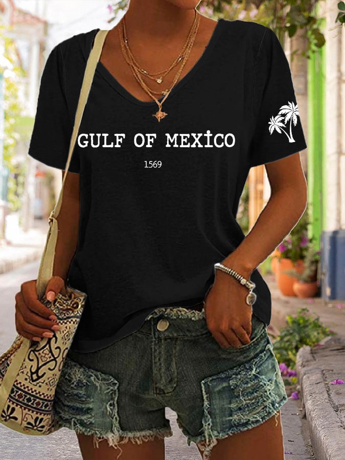 Women's Gulf Of Mexico Print V Neck Casual T-Shirt