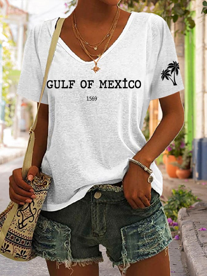 Women's Gulf Of Mexico Print V Neck Casual T-Shirt