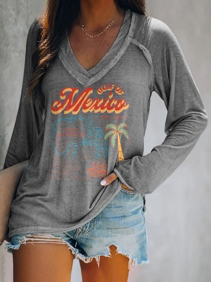 Women's Gulf Of Mexico Print V Neck T-Shirt