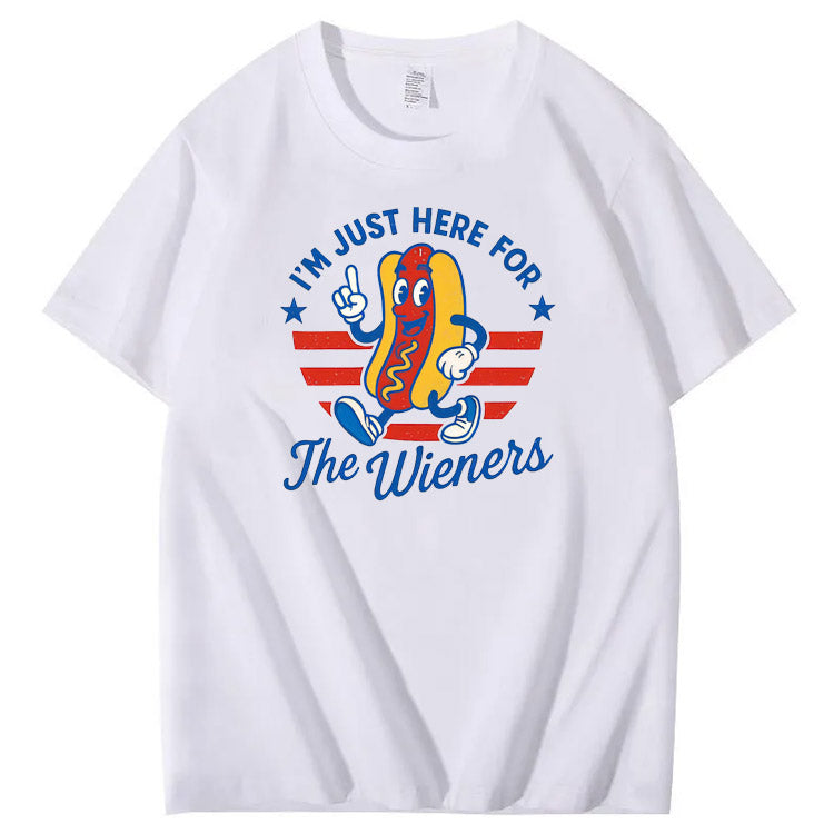 4th Of July Just Here For The Wieners Pattern Print Cotton T-Shirt