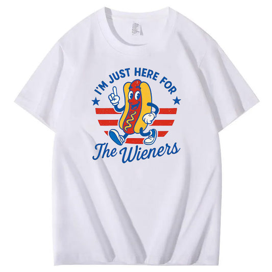 4th Of July Just Here For The Wieners Pattern Print Cotton T-Shirt