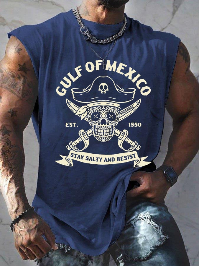 Men'S Retro Gulf Of Mexico Est 1550 Stay Salty And Resist Print Sleeveless Tank Top