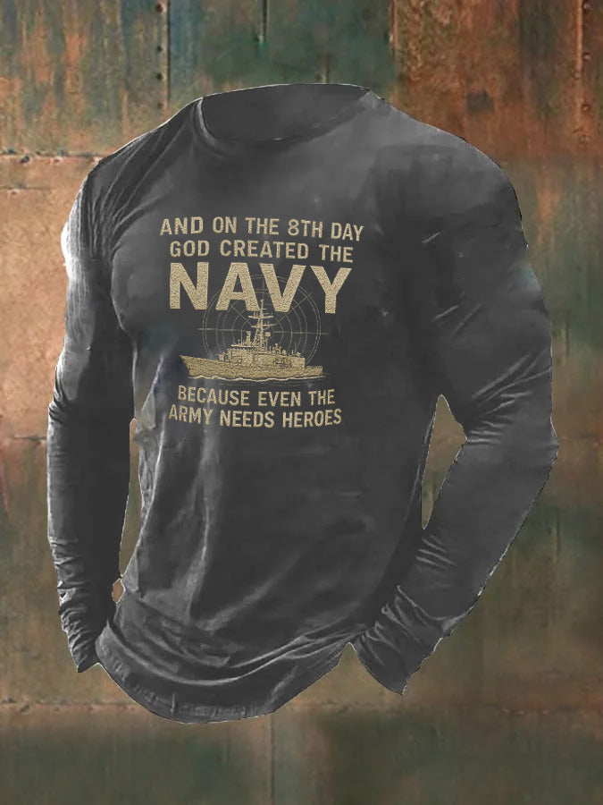 Men's Navy  Pattern Long Sleeve 100% Cotton T-Shirt