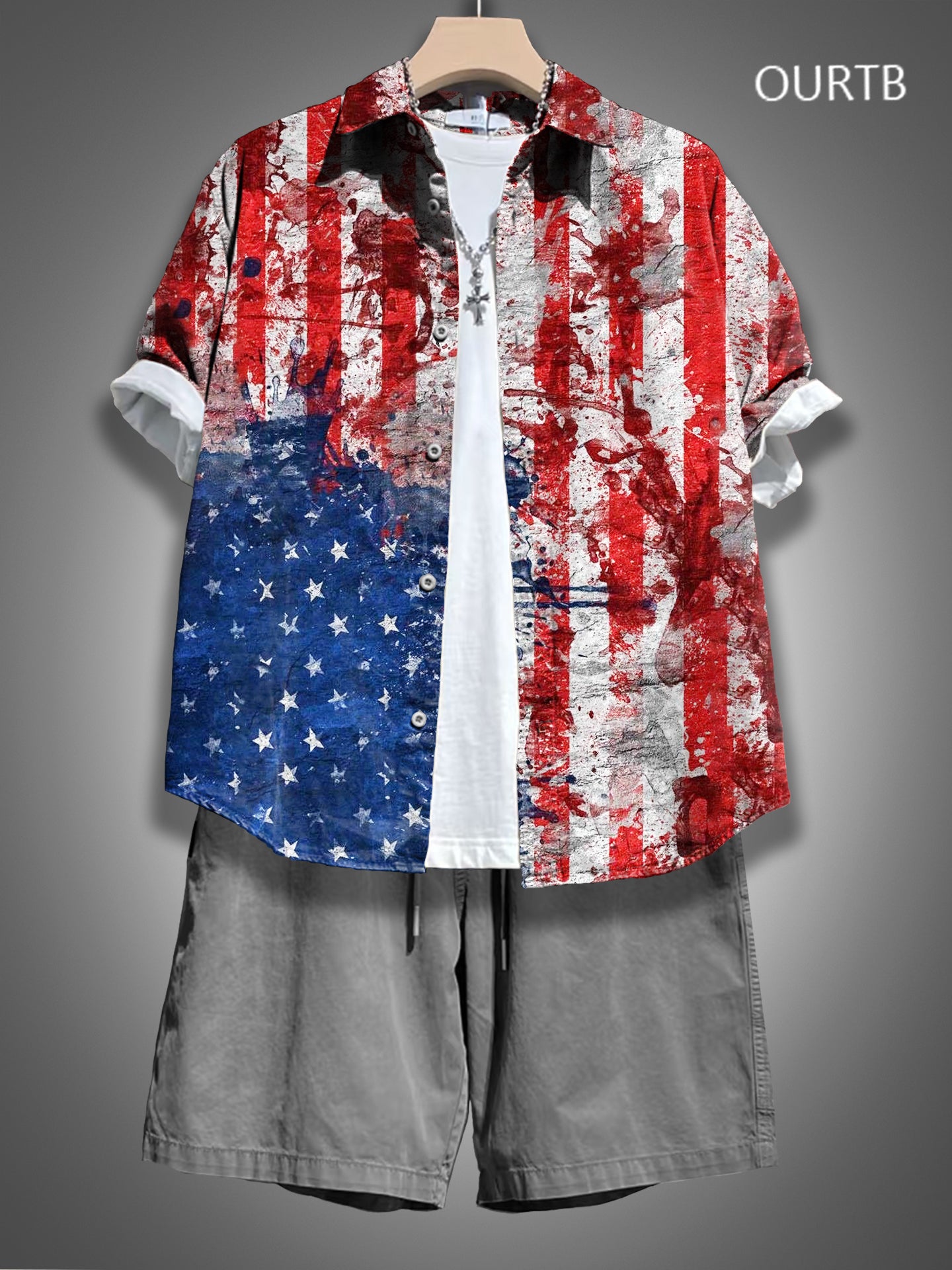 Vintage Dark 1776 USA Independence Day Abstract Pattern Art Print Casual 100% Cotton Shirt