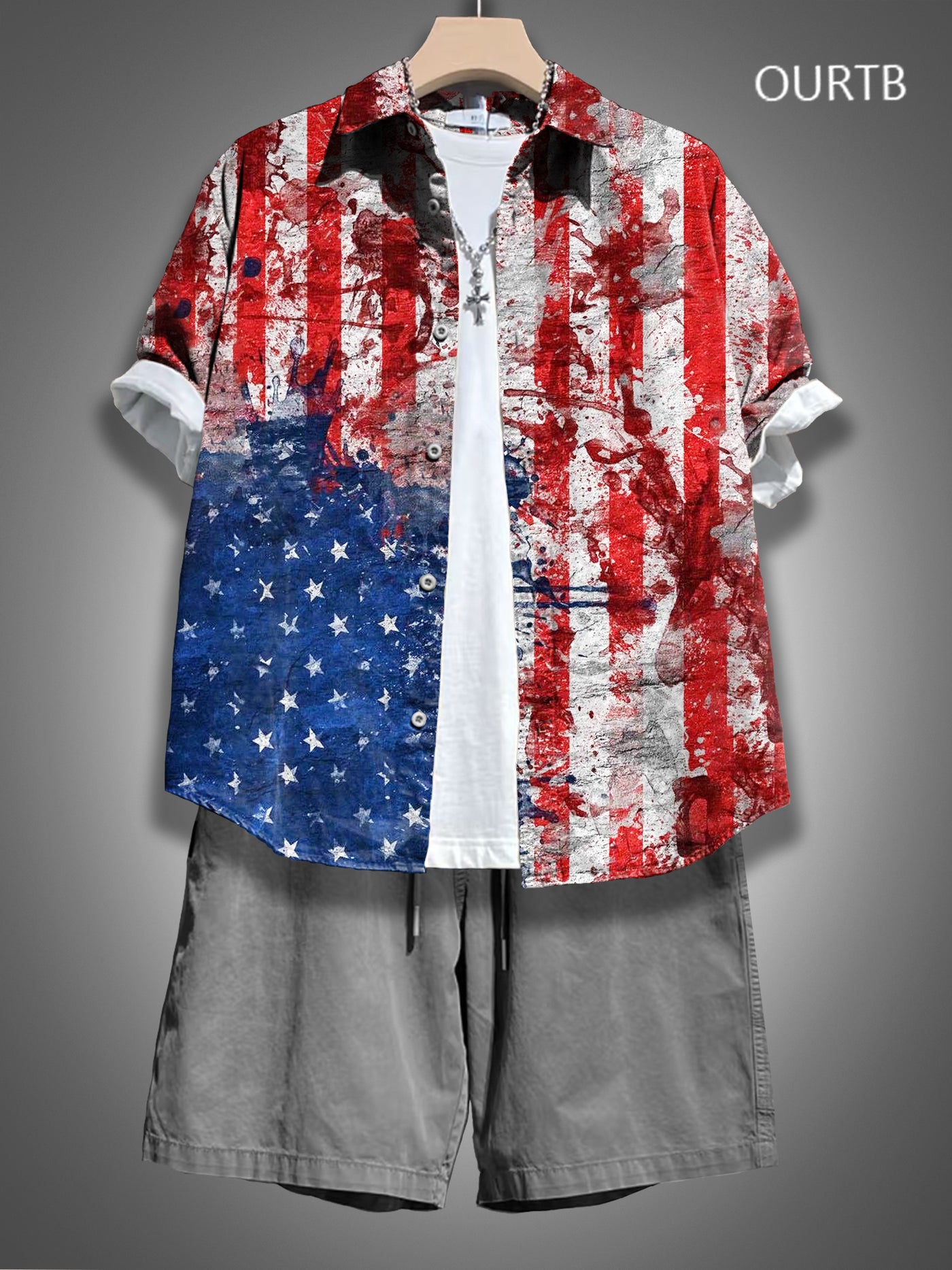 Vintage Dark 1776 USA Independence Day Abstract Pattern Art Print Casual 100% Cotton Shirt