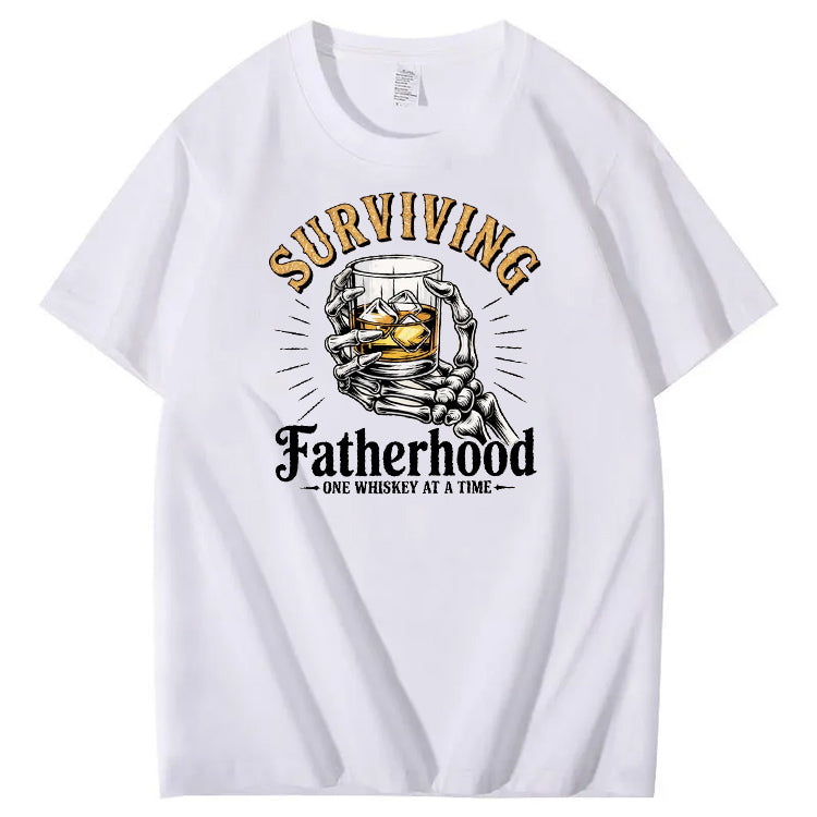 Fatherhood One Whiskey At A Time Pattern Print 100%Cotton T-Shirt