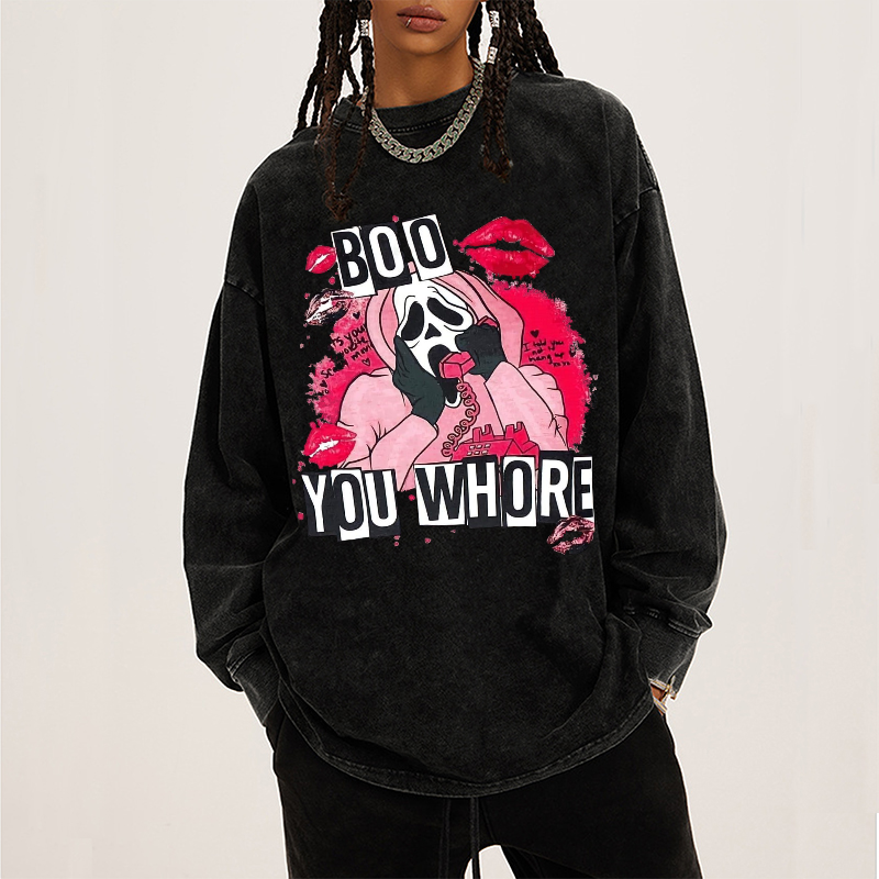 Boo You Who Are Unisex Washed Printed Round Neck Long Sleeve Sweatshirt