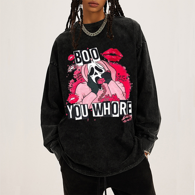 Boo You Who Are Unisex Washed Printed Round Neck Long Sleeve Sweatshirt