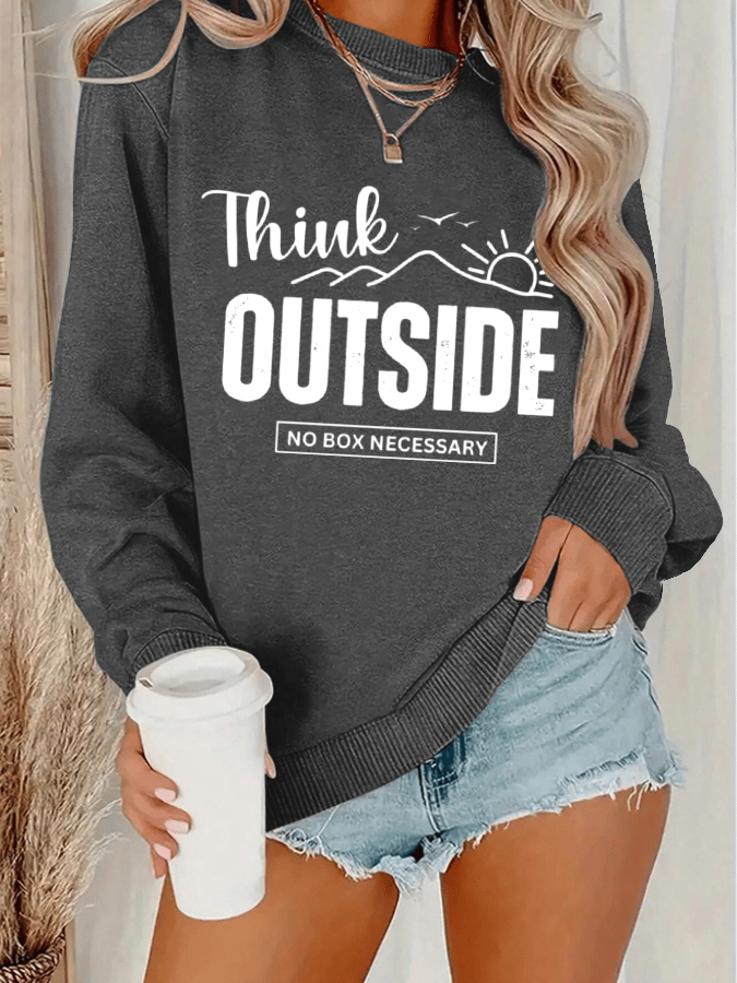 Women's Think Outside The Box Hiking Print Crew Neck Long Sleeve Sweatshirt