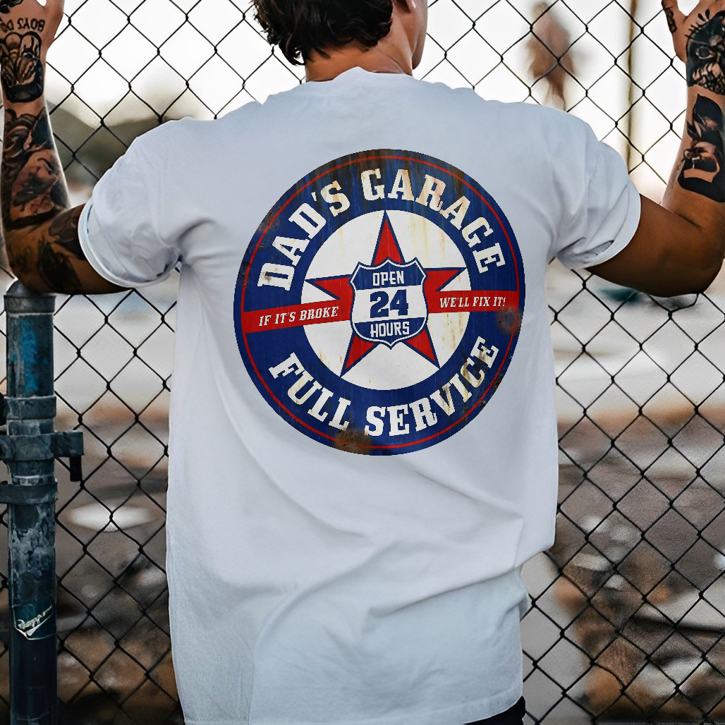 Dad's Garage Full Service If It's Broke We'll Fix It Printed Men's T-shirt