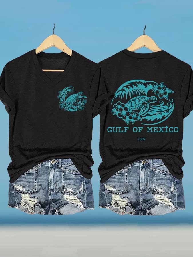 Women's Gulf Of Mexico Printed V Neck T-Shirt