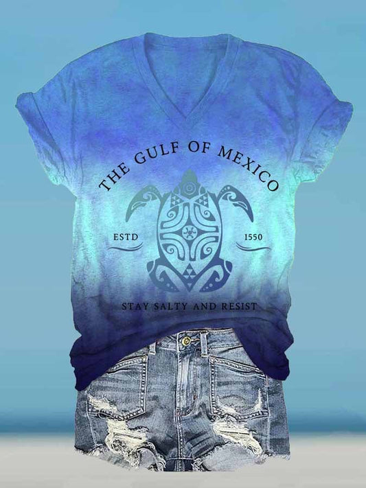 Women's Gulf Of Mexico Print V Neck T-Shirt