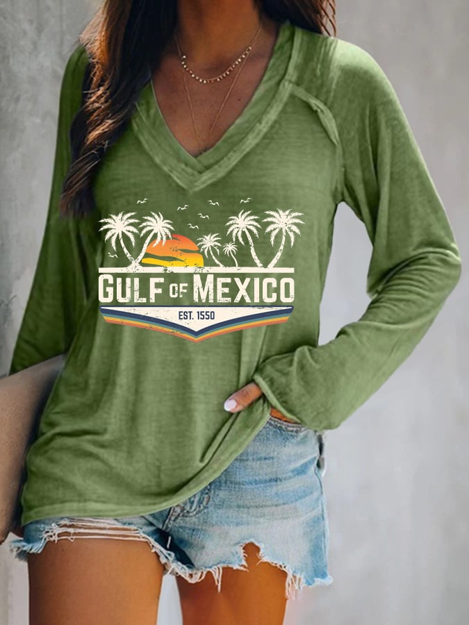 Women's Gulf Of Mexico Print V Neck T-Shirt