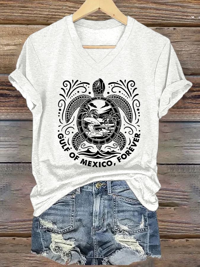 Women's Retro Golfo De Mexico forever Sea Turtle Print T-Shirt