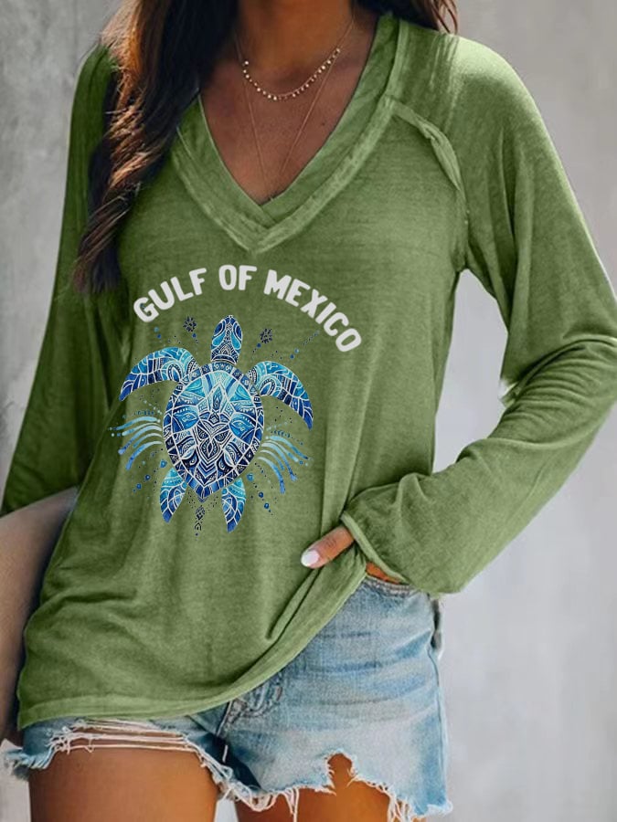 Women's Mexican turtle v-neck long-sleeved T-shirt