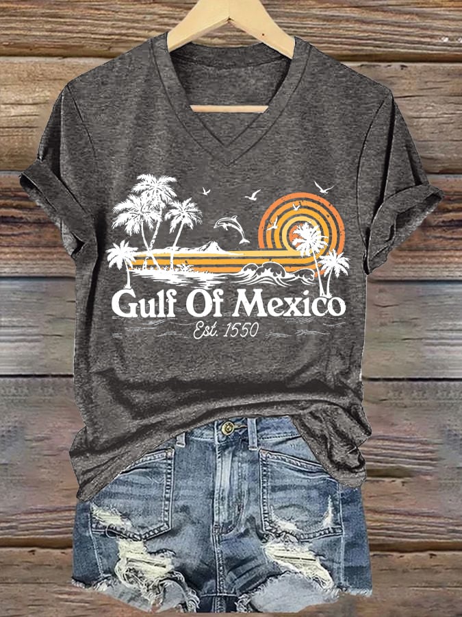 Women's Gulf Of Mexico Printed V Neck T-Shirt