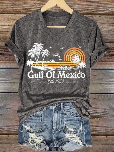 Women's Gulf Of Mexico Printed V Neck T-Shirt
