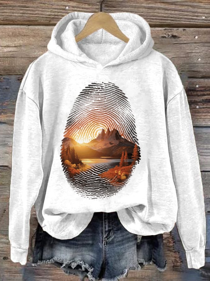 Women's Three Peaks Fingerprint Hiking Print Hooded Long Sleeve Sweatshirt