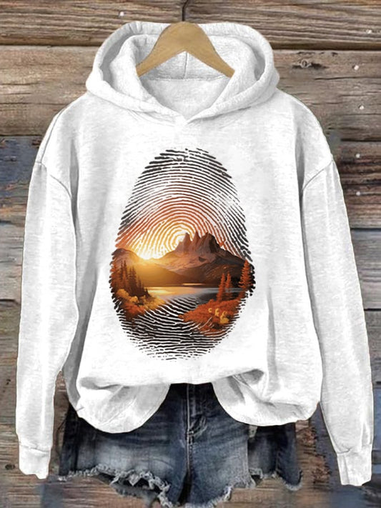 Women's Three Peaks Fingerprint Hiking Print Hooded Long Sleeve Sweatshirt