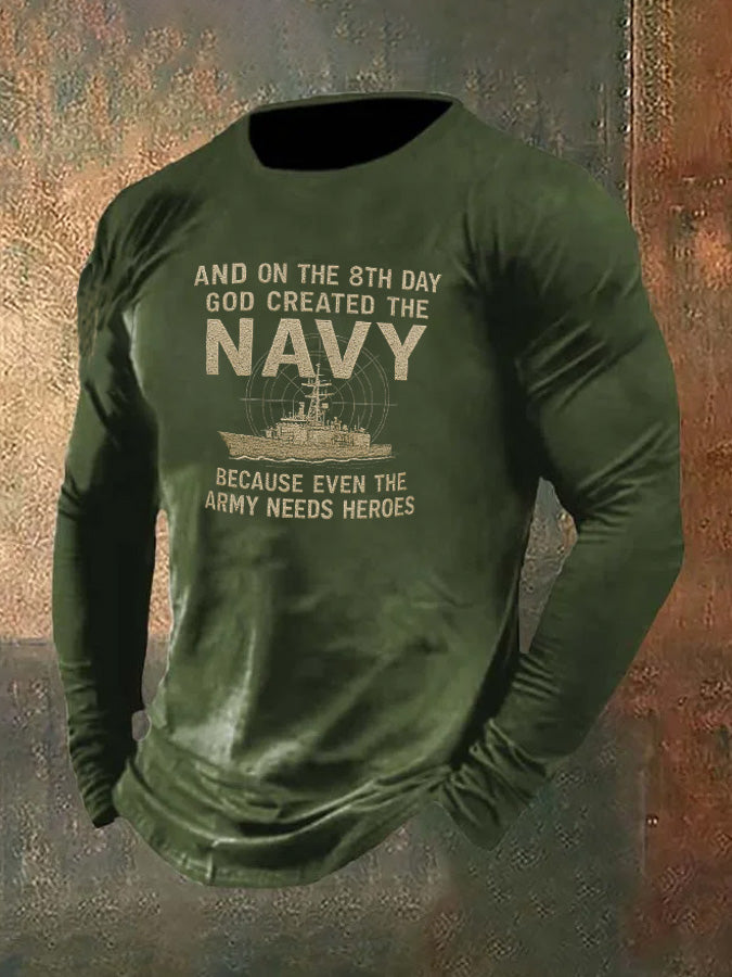 Men's Navy  Pattern Long Sleeve 100% Cotton T-Shirt