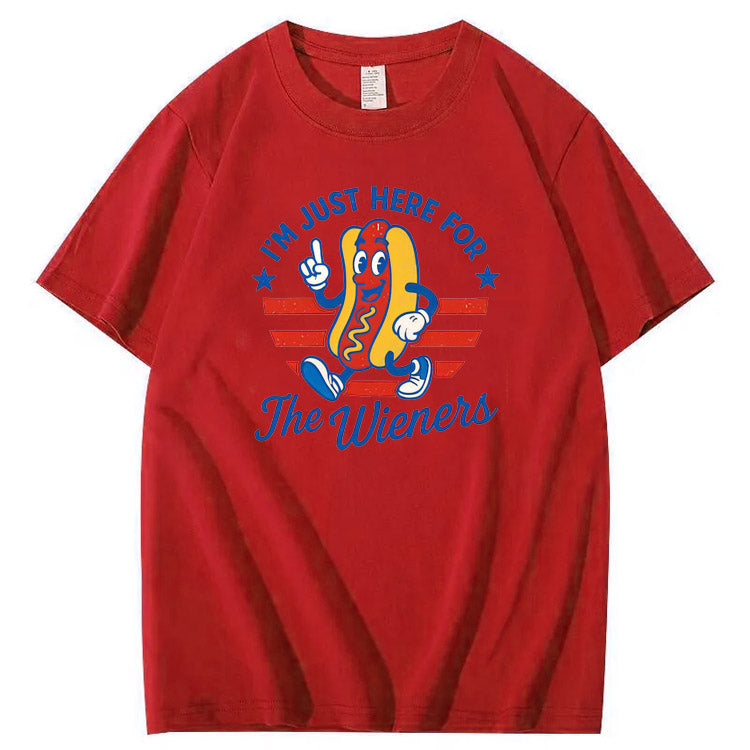 4th Of July Just Here For The Wieners Pattern Print Cotton T-Shirt