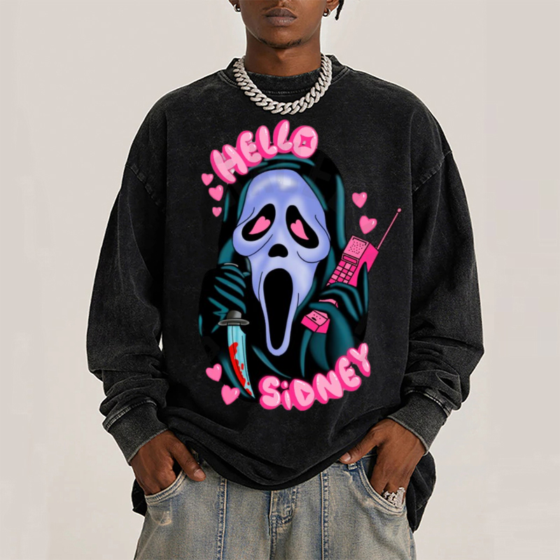 Hello Unisex Washed Printed Round Neck Sweatshirt