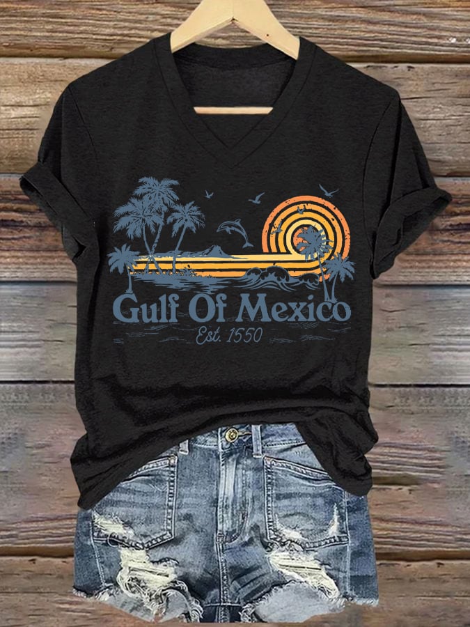 Women's Gulf Of Mexico Printed V Neck T-Shirt