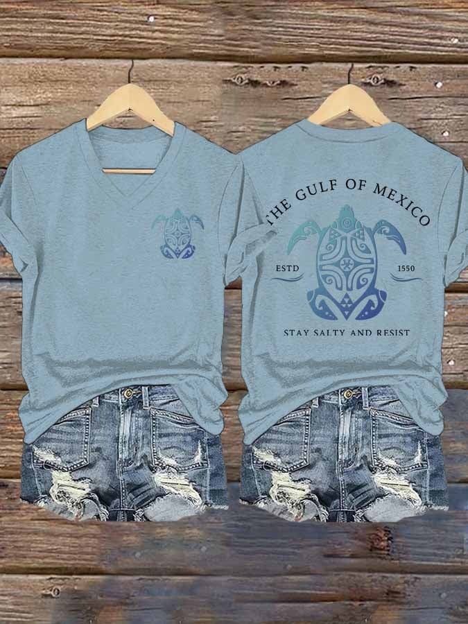 Women's Gulf Of Mexico Printed V Neck T-Shirt