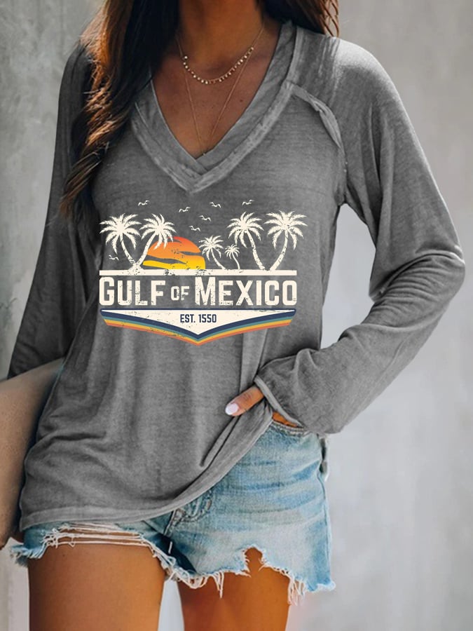 Women's Gulf Of Mexico Print V Neck T-Shirt