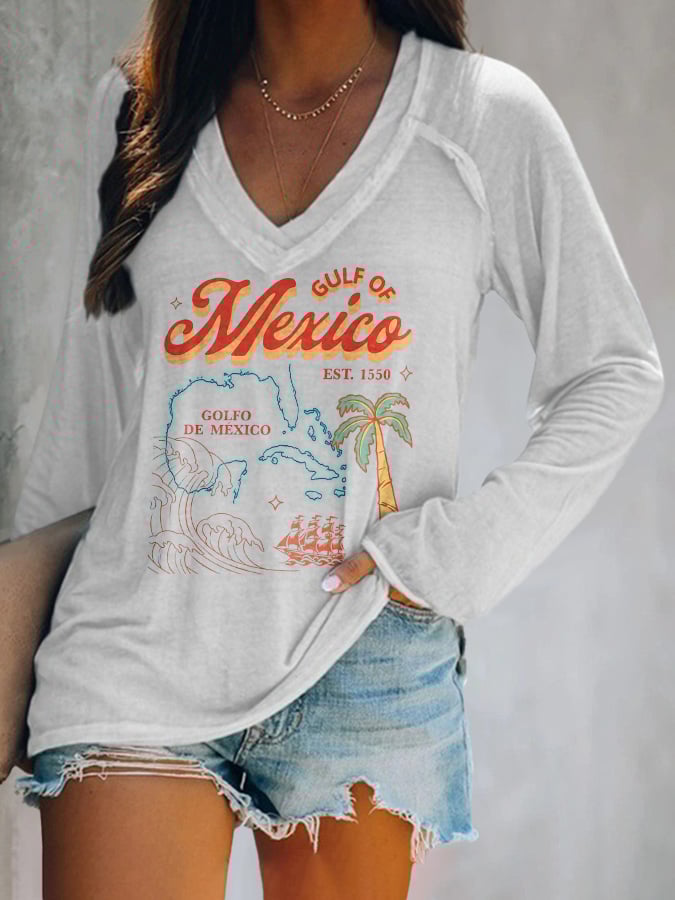Women's Gulf Of Mexico Print V Neck T-Shirt