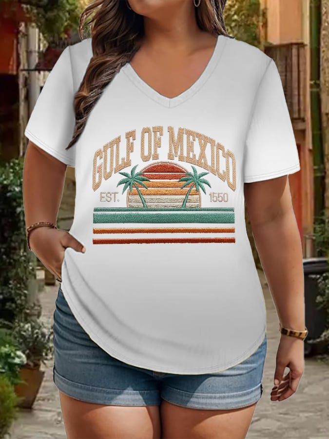 Women's Plus Size Gulf Of Mexico Print V-Neck T-Shirt