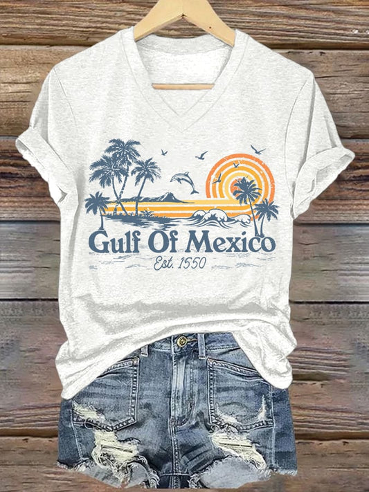 Women's Gulf Of Mexico Printed V Neck T-Shirt