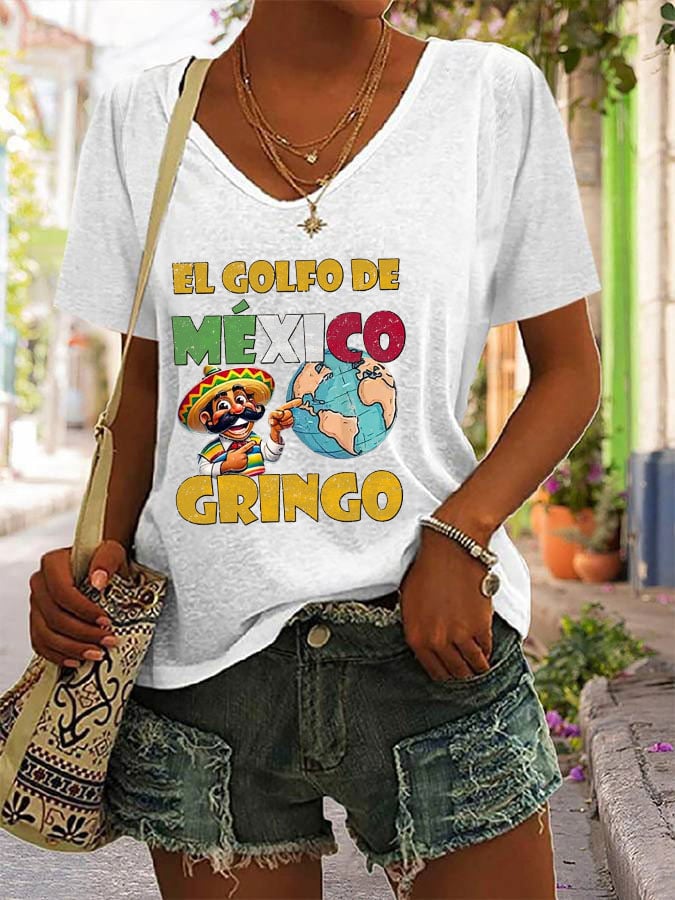 Women's "The Gulf of Mexico Gringo" Printed V-Neck T-Shirt