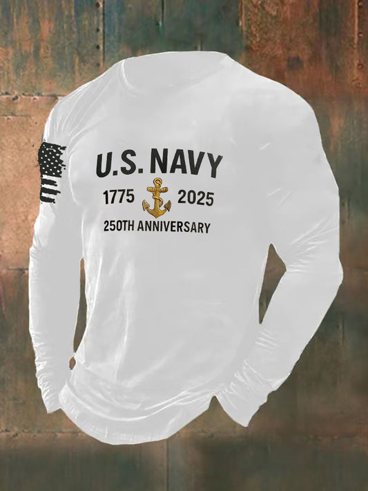 Men's U.S Navy 250th Anniversary Pattern Long Sleeve 100% Cotton T-Shirt