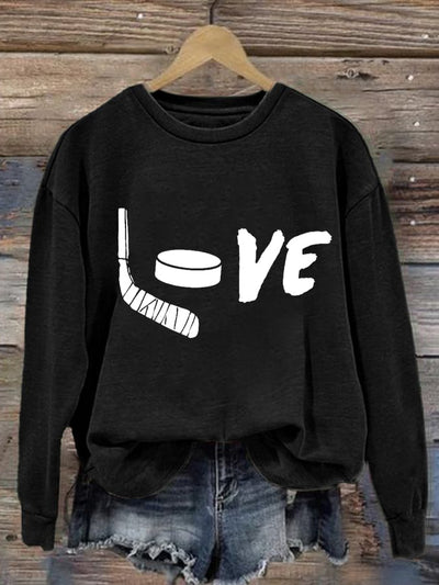 Women's Love Ice Hockey Print Round Neck Sweatshirt