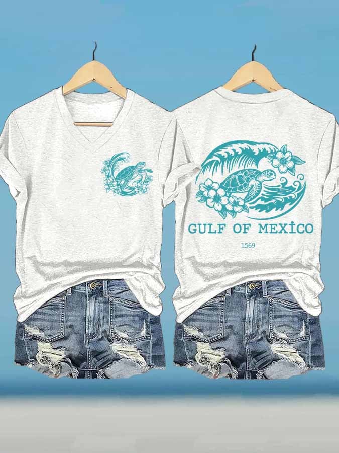 Women's Gulf Of Mexico Printed V Neck T-Shirt
