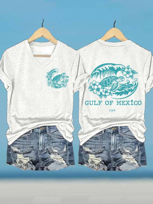 Women's Gulf Of Mexico Printed V Neck T-Shirt